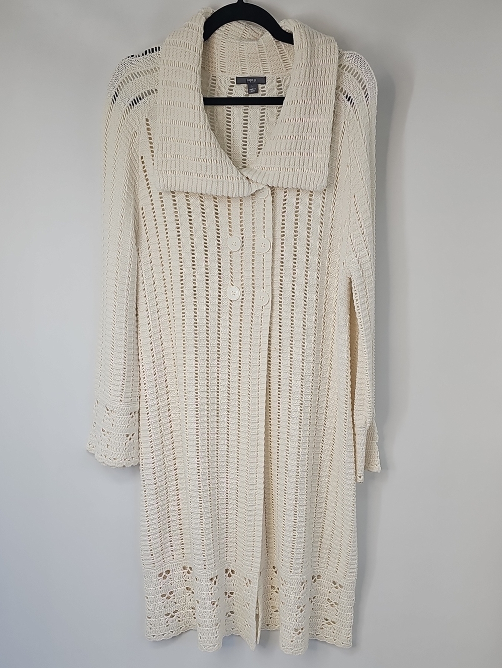 Apt 9 Open Knit Cream Crochet Long Duster Sweater Cardigan Double Breast Sz: L